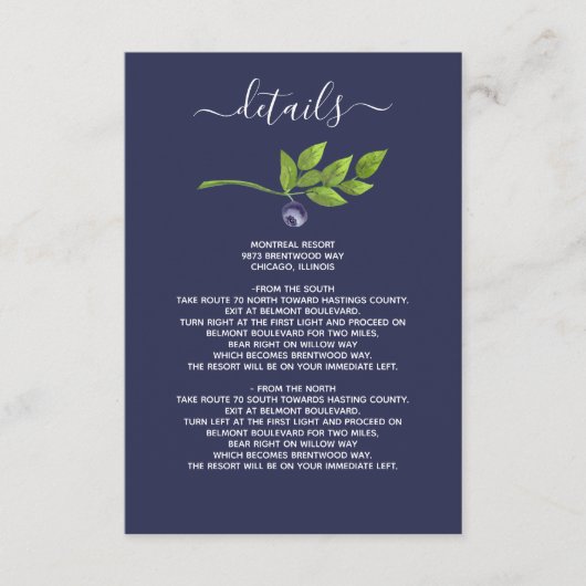 waterverf blauwbessen blauwe botanische bruiloft informatiekaartje (Voorkant)