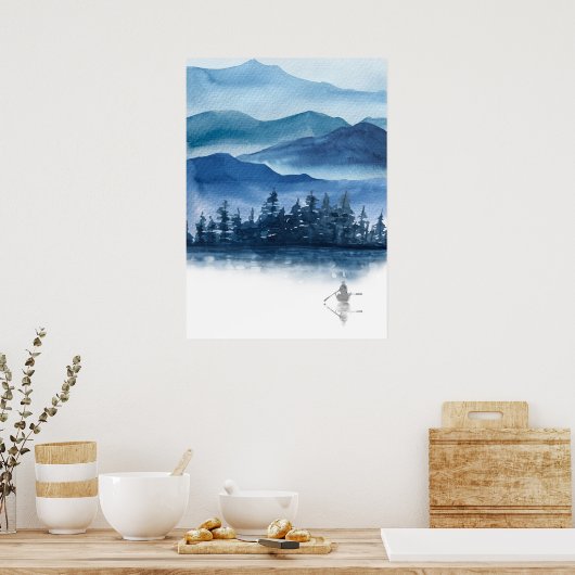 Waterverf Blauwe bergen Schilderachtig landschap Poster (Keuken)