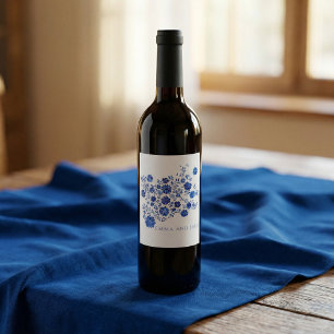 Waterverf Blauwe Bloemboeket Bruiloft Wijn Etiket