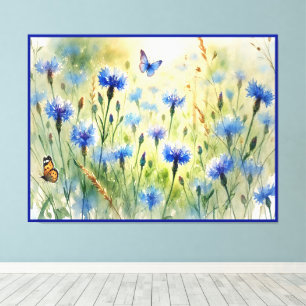 Waterverf Blauwe Bloemen Korenbloem Duitsland   Canvas Afdruk
