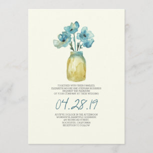 waterverf Blauwe Bloemen Mason Jar Rustieke bruilo Kaart