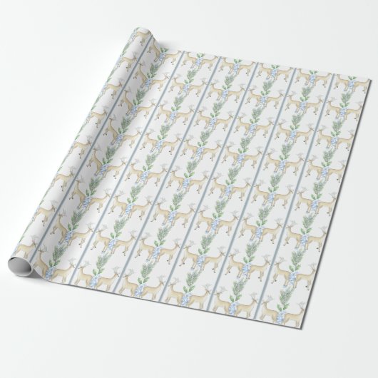 Waterverf Blauwe Bloemen met Rendieren Cadeaupapier (Uitgerold)