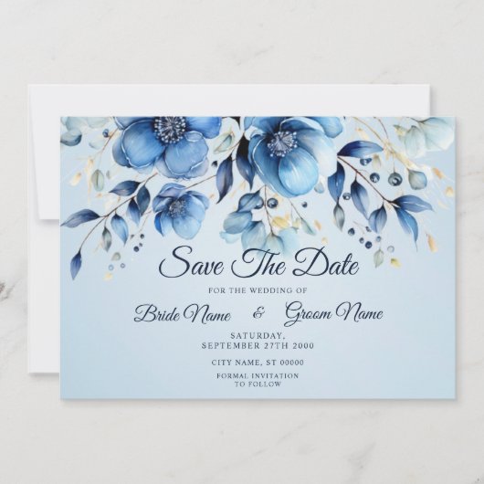 Waterverf Blauwe Bloemen sparen de Datum Save The Date (Voorkant)