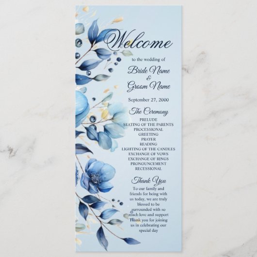 Waterverf Blauwe Bloemen Trouwprogramma Programma (Voorkant)