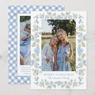 Waterverf Blauwe Bloemenslingers Kerst Foto Feestdagenkaart