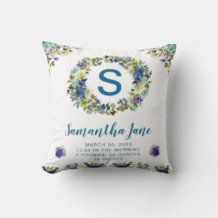 Waterverf Blauwe & Crème Kleur Zomer Bloemen Krans Kussen