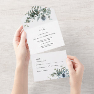 Waterverf blauwe distel eucalyptus bruiloft all in one uitnodiging