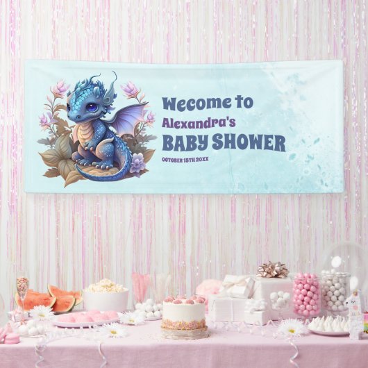 Waterverf blauwe draak Baby shower Spandoek (Feest)