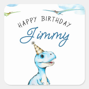 Waterverf Blauwe Drie Rex Dinosaurus Verjaardag Vierkante Sticker
