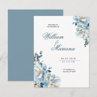 Waterverf Blauwe Elegante Bloemen Huwelijksuitnodi Kaart