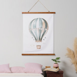 Waterverf Blauwe en Cream Hete Luchtballon Hangend Wandkleed