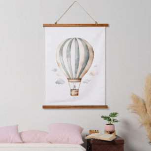 Waterverf Blauwe en Cream Hete Luchtballon Hangend Wandkleed