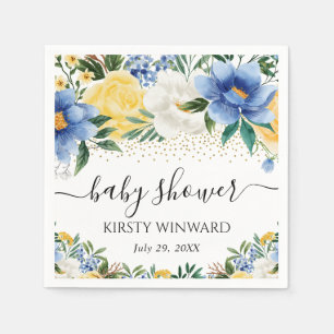 Waterverf Blauwe en Gele Bloemen Baby Shower Servet