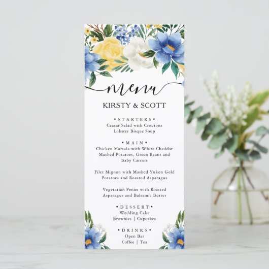 Waterverf Blauwe en Gele Bloemen Bruiloft Menu (Staand voorkant)