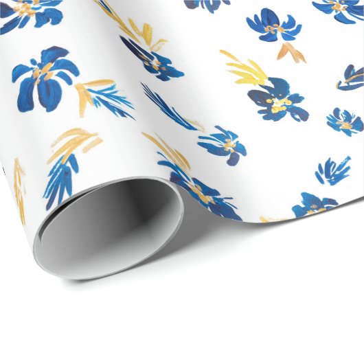 Waterverf blauwe en goudbloem cadeaupapier (Rol Hoek)