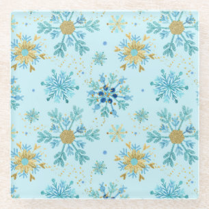 Waterverf Blauwe en Gouden Glitter Winter Sneeuwvl Glazen Onderzetter