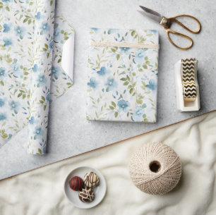 Waterverf Blauwe en Groene Bloemen op Wit Cadeaupapier