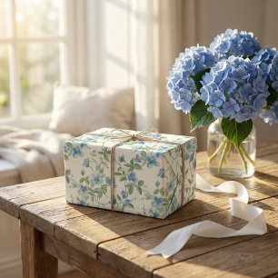 Waterverf Blauwe en Groene Bloemen op Wit Cadeaupapier