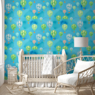 Waterverf Blauwe en Groene Hete Luchtballonnen Behang