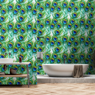 Waterverf Blauwe en Groene Pauw Veren Collage Behang