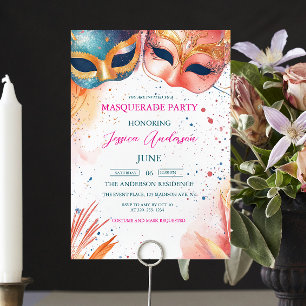 Waterverf Blauwe en Rode Masquerade Feestverjaarda Kaart