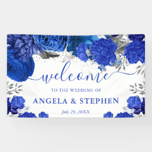 Waterverf Blauwe en Zilveren Bloemen Bruiloft Spandoek