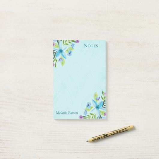  Waterverf Blauwe Floral Aangepaste Notities Post-it® Notes (Op bureau)