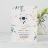 Waterverf Blauwe Floral Gold Baptisme Kaart (Staand voorkant)