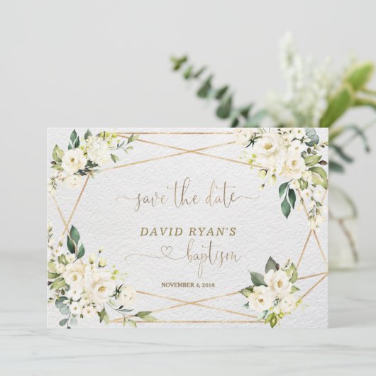 Waterverf Blauwe Floral Gold Baptisme Save The Date (Staand voorkant)