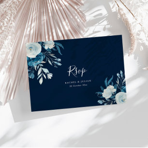Waterverf blauwe florale bruiloft RSVP Briefkaart
