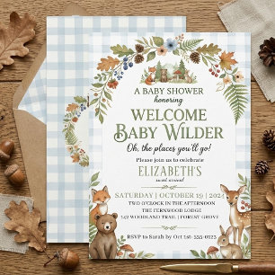 Waterverf Blauwe Gingham Bosdieren baby meisje Kaart