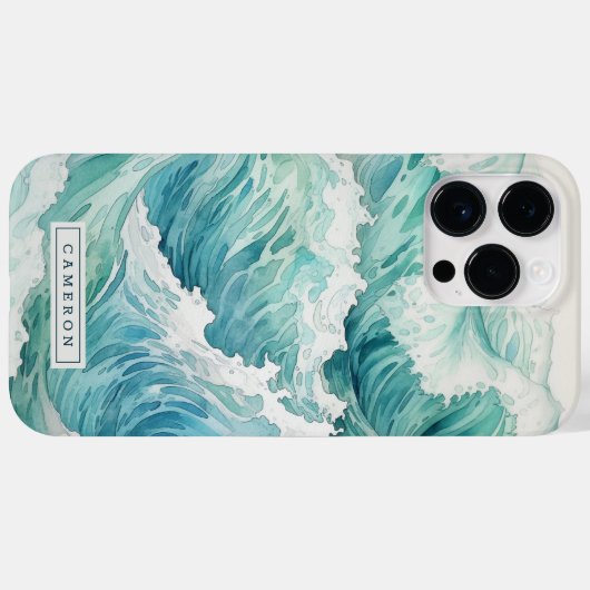 Waterverf blauwe golven aangepaste naam Case-Mate iPhone case (Achterkant (horizontaal))