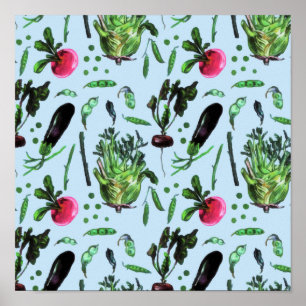 Waterverf blauwe groene groenten in de tuinbouw poster