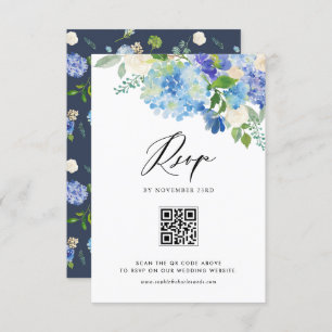 Waterverf Blauwe Hortensia Bloemen Wedding QR Code RSVP Kaartje
