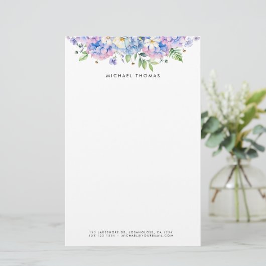 Waterverf Blauwe Hortensia's & Witte Bloemen Bloem Briefpapier (Staand voorkant)