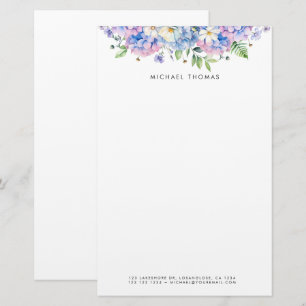 Waterverf Blauwe Hortensia's & Witte Bloemen Bloem Briefpapier