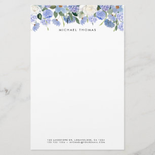 Waterverf Blauwe Hortensia's & Witte Rozen Bloemen Briefpapier