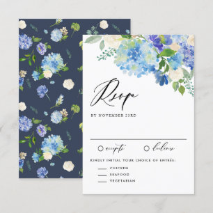 Waterverf Blauwe Hydrangea Bloemen Boeket Huwelijk RSVP Kaartje