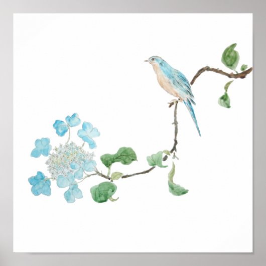 waterverf blauwe hydrangea en blauwe vogels poster (Voorkant)