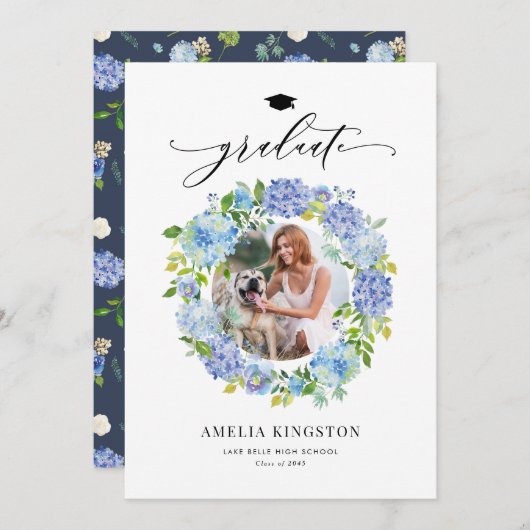 Waterverf Blauwe Hydrangea Krans Foto Afstuderen Kaart (Voorkant / Achterkant)