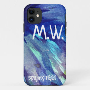 Waterverf Blauwe Initialen & Moto iPhone 11 Hoesje