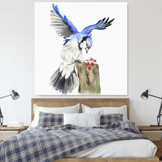 Waterverf blauwe jay canvas afdruk (Insitu (Slaapkamer))