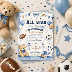 waterverf blauwe Jongens Sport Baby Shower Teddybe Kaart