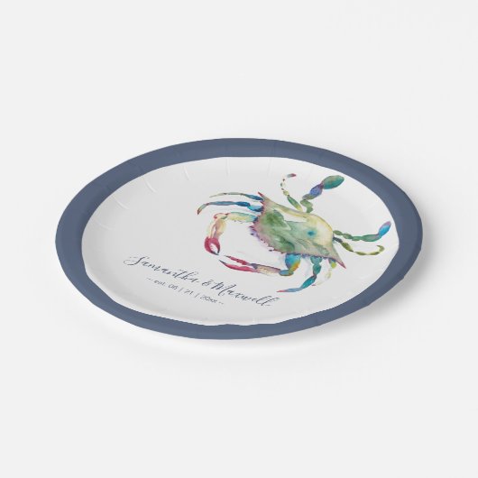 Waterverf Blauwe krab Klein Strand Bruiloft Papieren Bordje (Gekanteld)