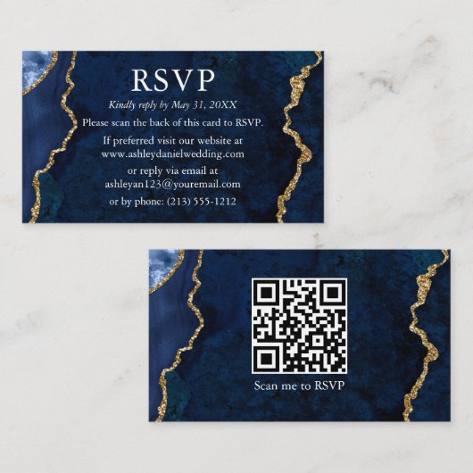 Waterverf blauwe marmer bruiloft RSVP QR Terug Informatiekaartje (Voorkant / Achterkant)