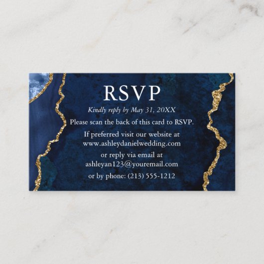 Waterverf blauwe marmer bruiloft RSVP QR Terug Informatiekaartje (Voorkant)