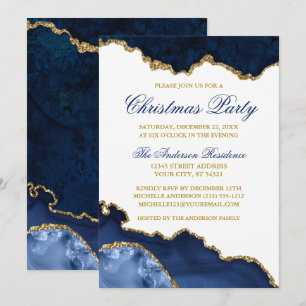 Waterverf Blauwe Marmer Geode Gold Kerstfeest Kaart