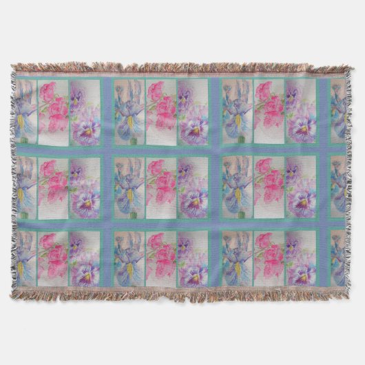 Waterverf Blauwe Matige Throw Rug Love Flowers Deken (Voorkant)