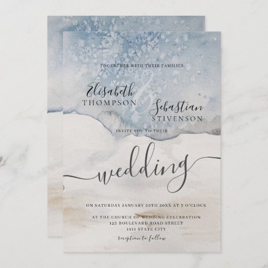 Waterverf Blauwe Modern Weddenschap Kaart (Voorkant / Achterkant)