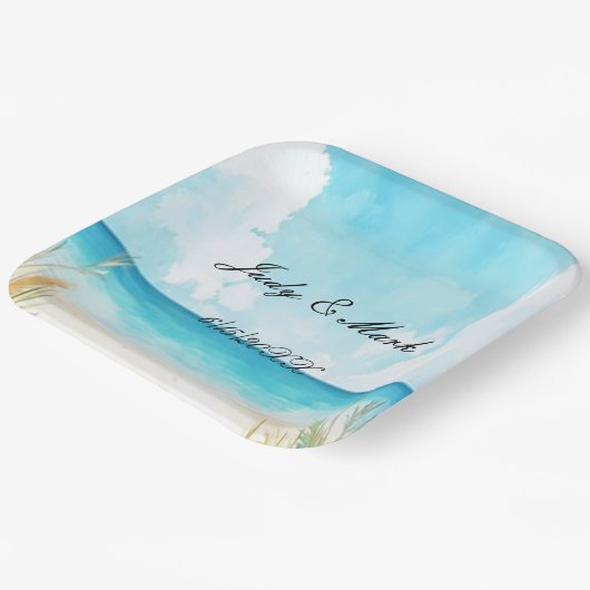 Waterverf Blauwe Oceaan Beach Weddenschap Papieren Bordje (Gebogen)